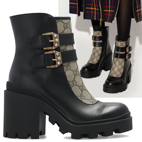 GUCCI BOOTS GG CANVAS AND LEATHER ANKLE BOOTIES w CRYSTAL BUCKLE sz 38.5 8.5 - Picture 1 of 15